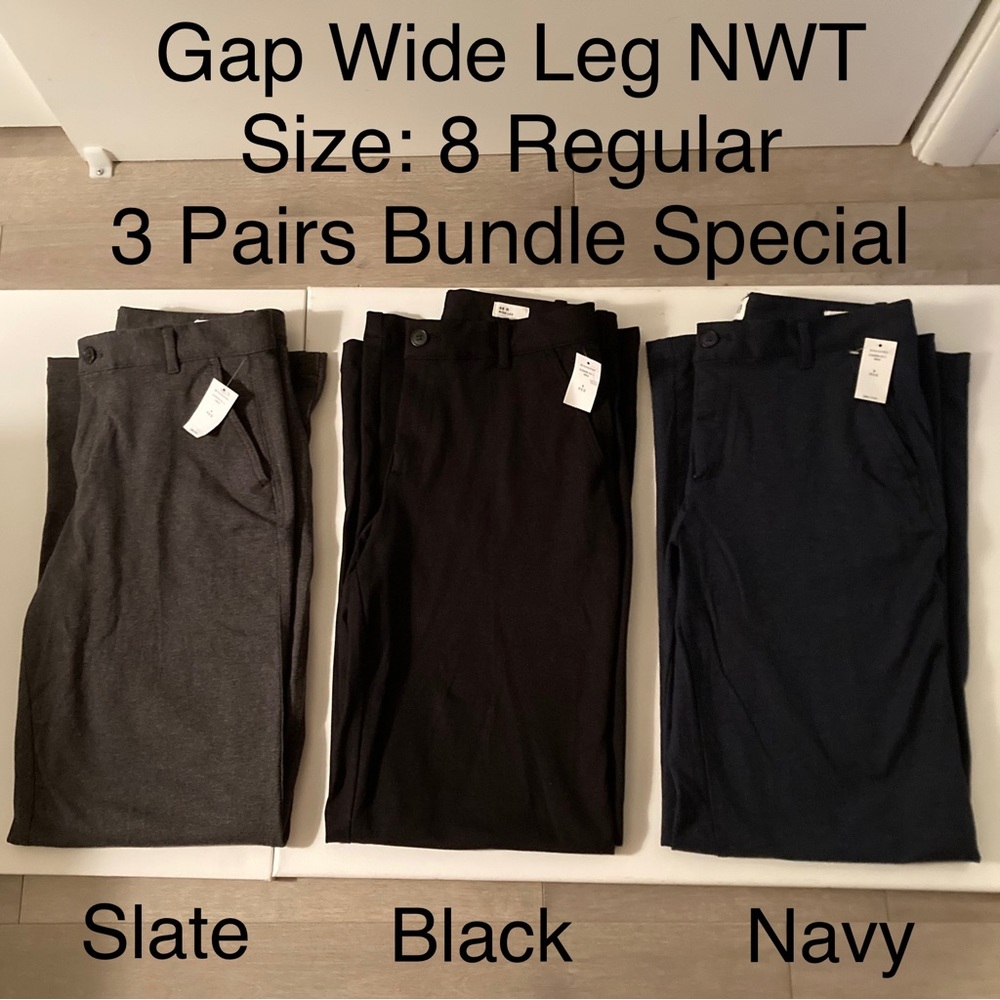 Gap wide leg pants 3 pairs in black, navy, slate size 8 regular